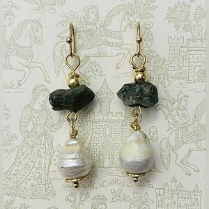 Genuine Rough Emerald & Freshwater Baroque Pearl In Elegant Gold Plated Earrings